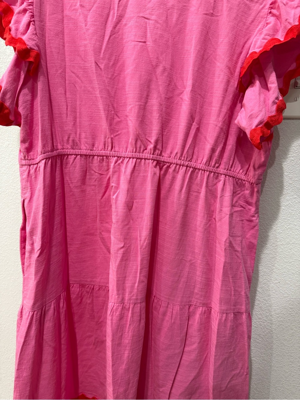 Women’s Pink Tiered Midi Dress with Red Trim - Picture 5 of 5